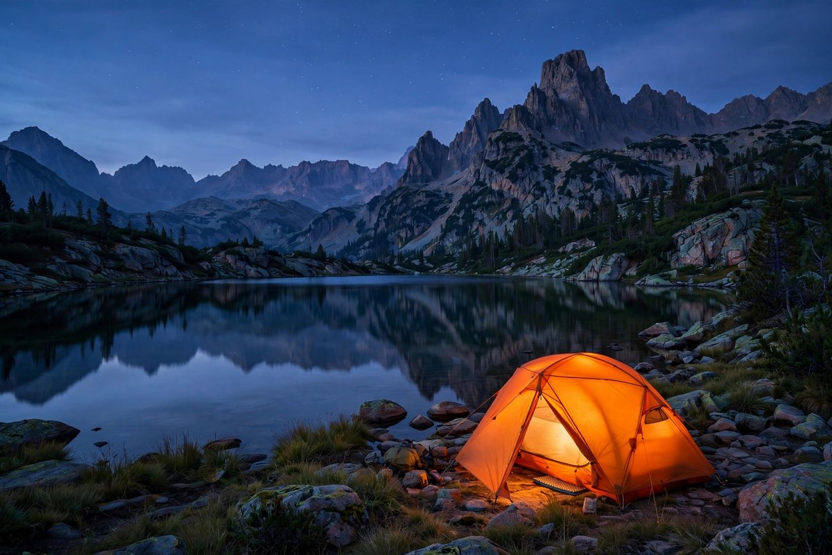 Glowing tent at a mountain lake campsite at dusk