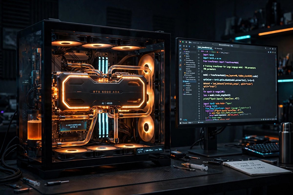 High-end AI computer rig with glowing graphics card