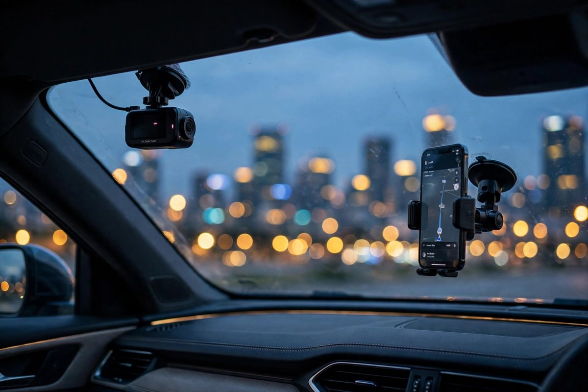 Car interior with dash camera and phone mount