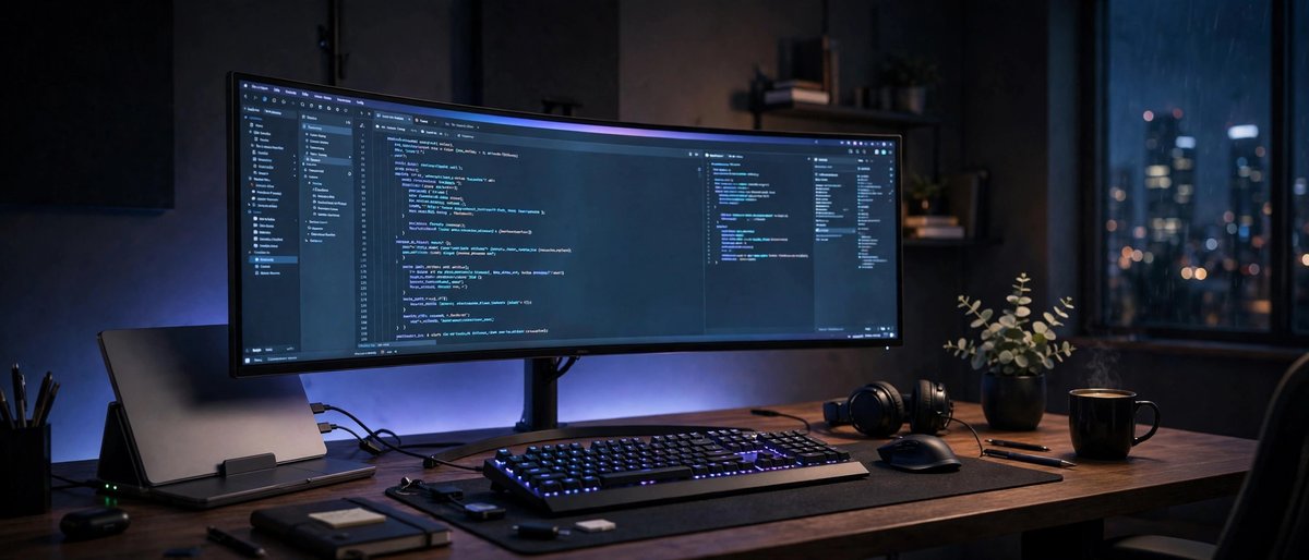 Ultrawide monitor desk setup with ambient lighting