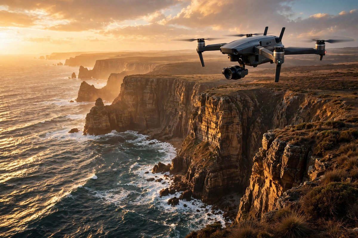 Camera drone flying over a coastal landscape at golden hour