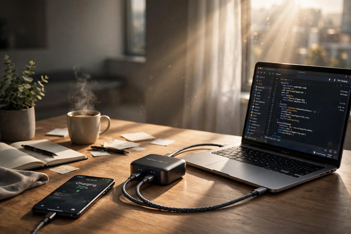 Compact GaN fast charger charging a phone and laptop