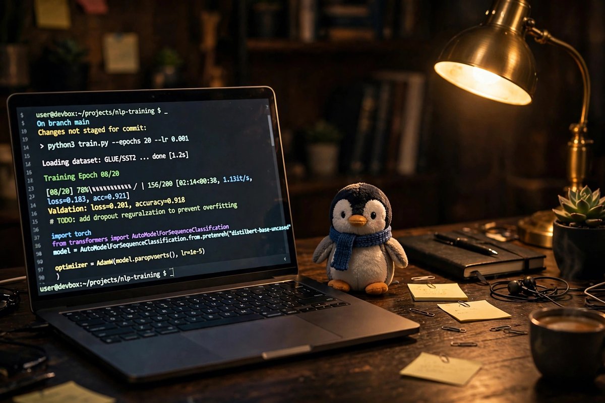 Laptop showing a Linux terminal with a penguin plush