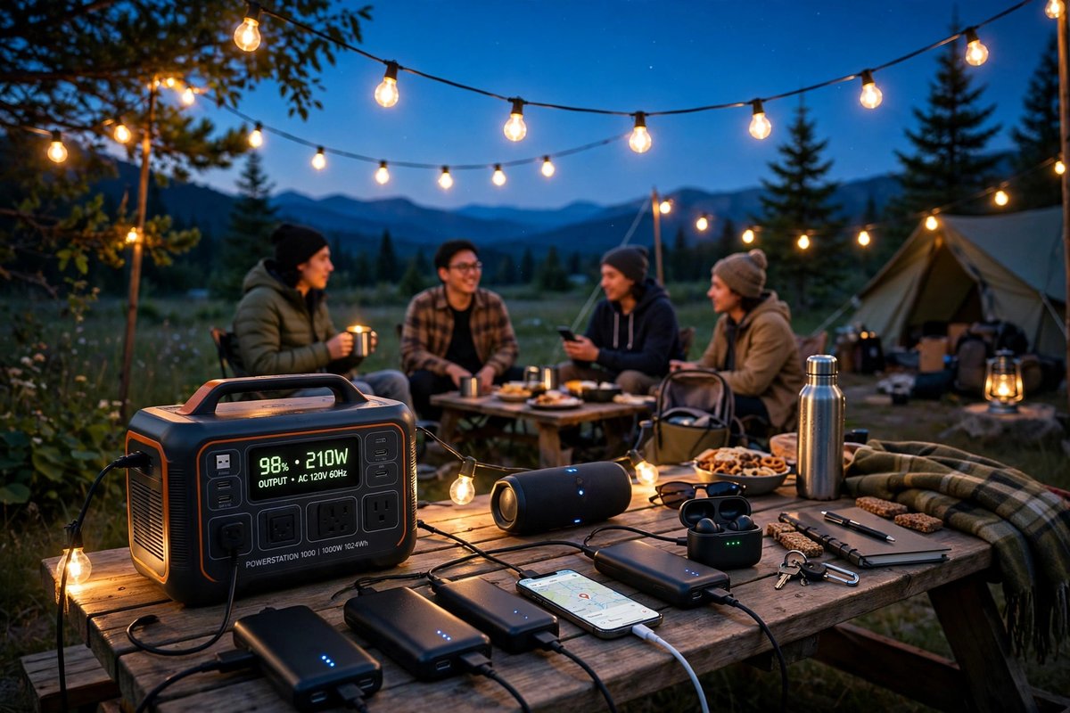 Portable power station powering devices outdoors at dusk