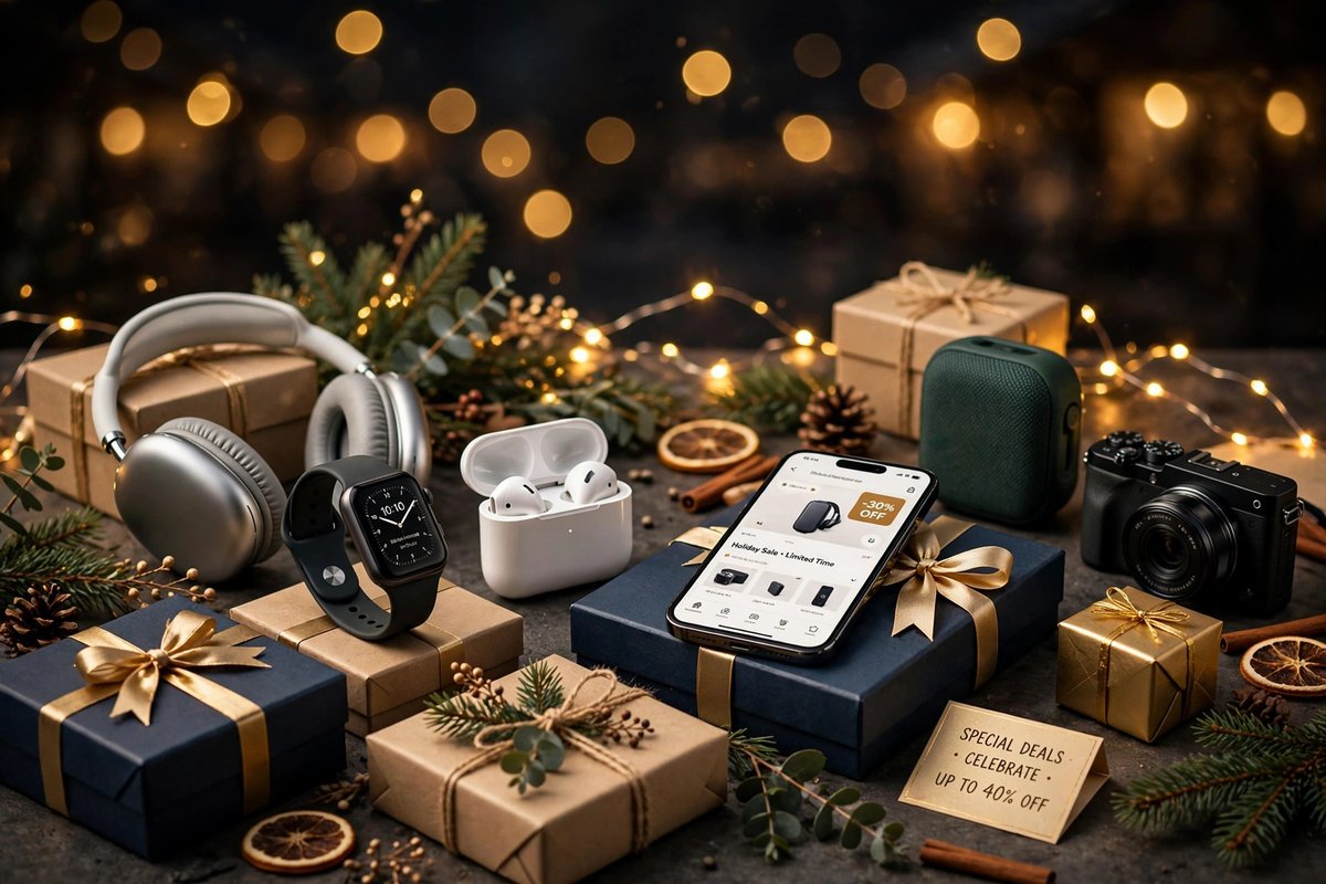 Tech gadgets with gift boxes and golden lights