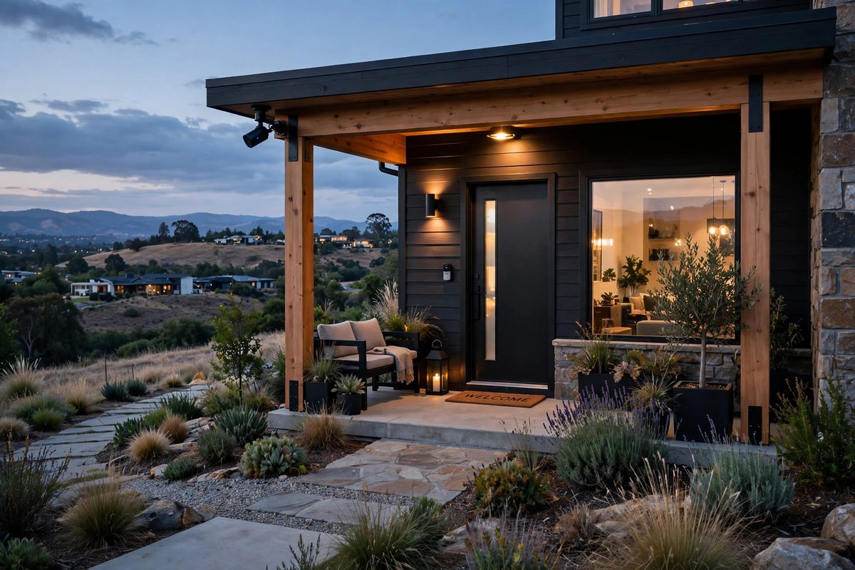 Smart doorbell and security camera on a home porch