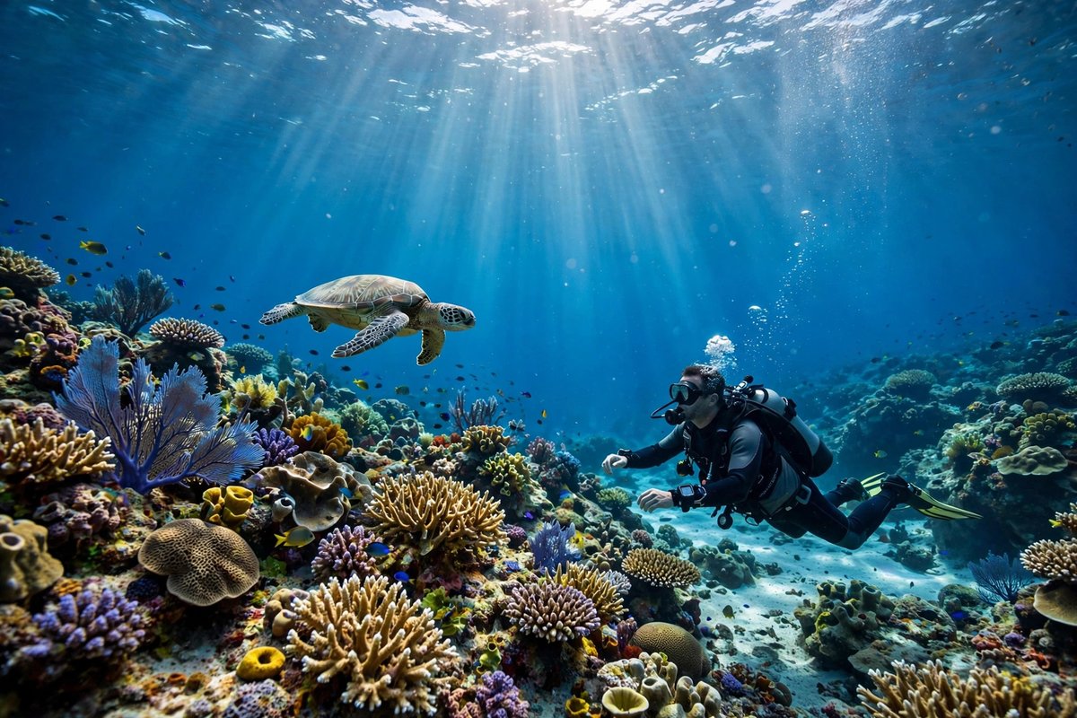 Scuba diver exploring a coral reef