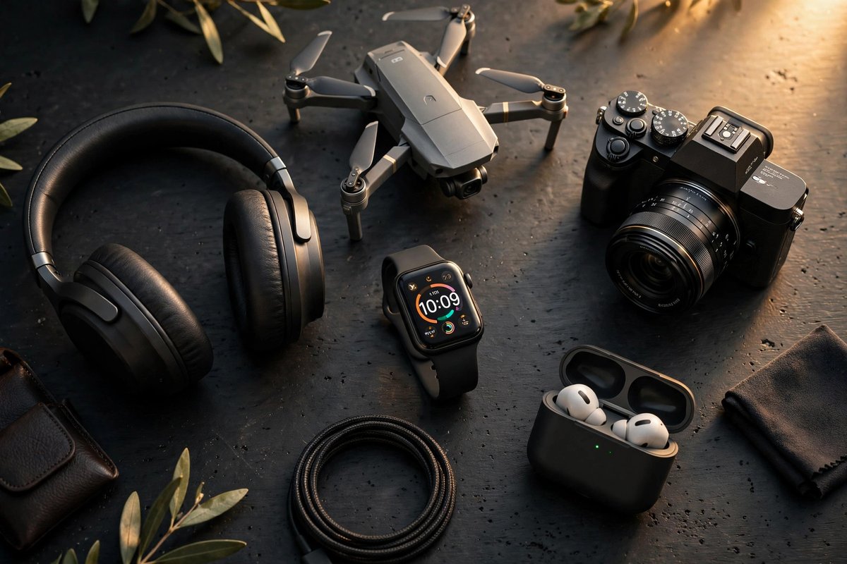 Curated premium tech gear flat lay