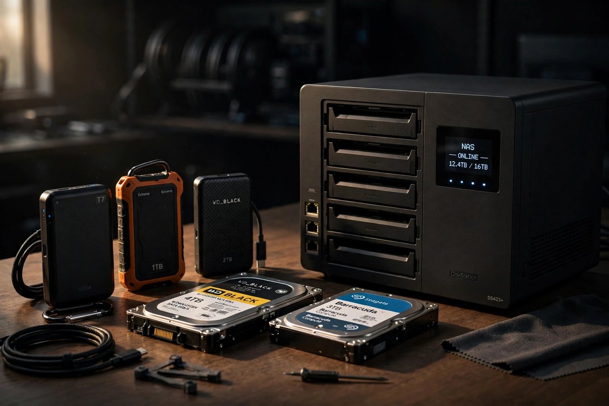 SSDs, hard drives and a NAS on a desk