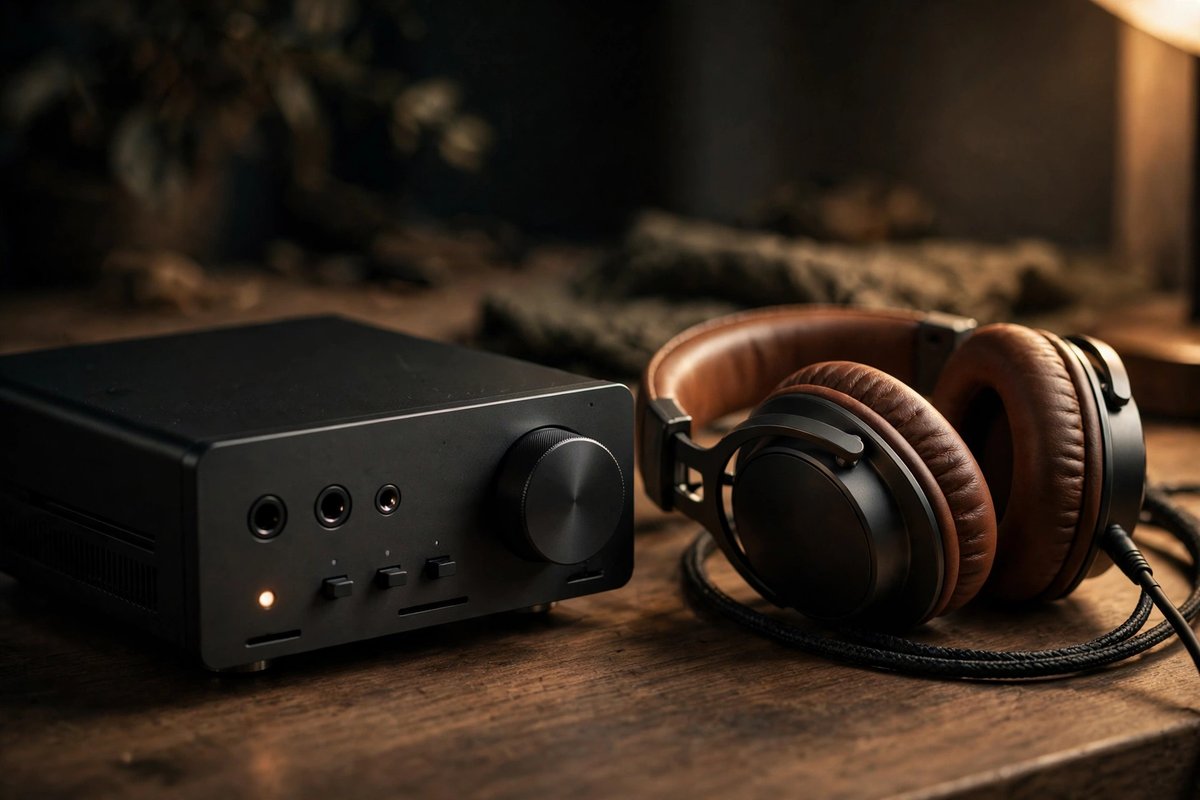 Desktop DAC and headphone amplifier with headphones