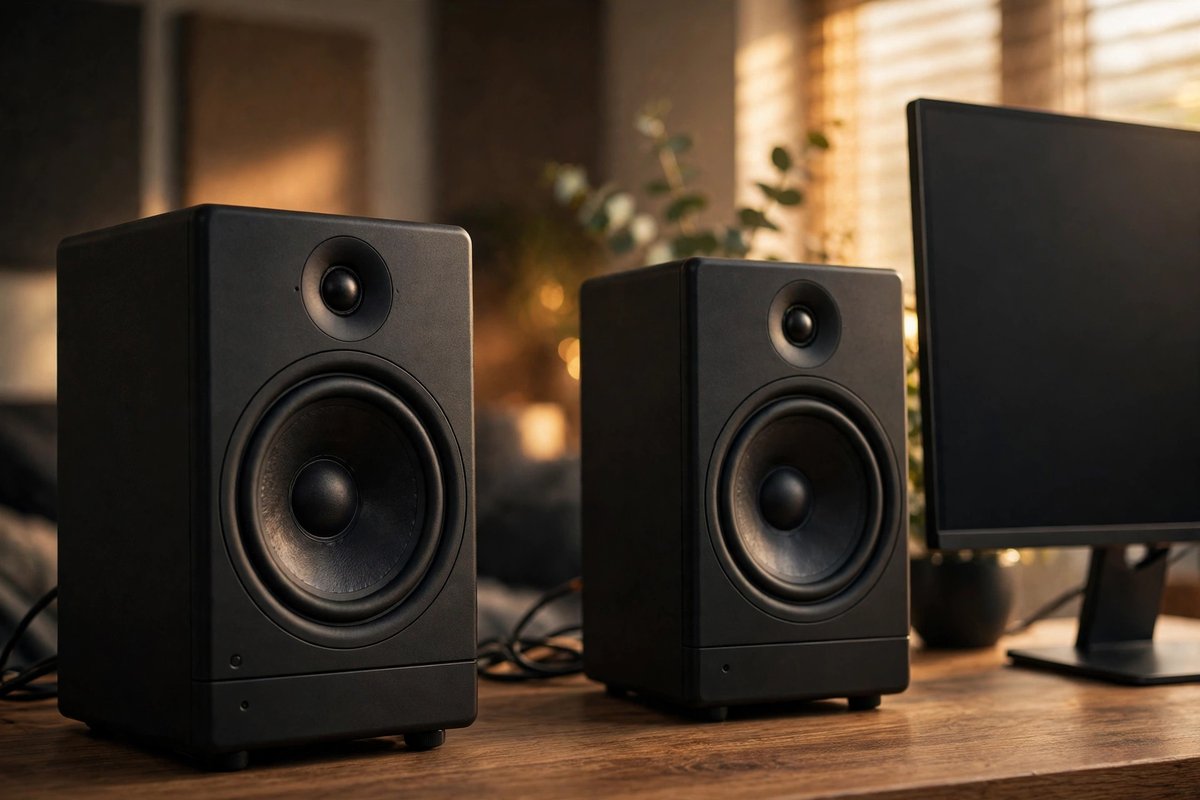 Powered studio monitor speakers on a desk