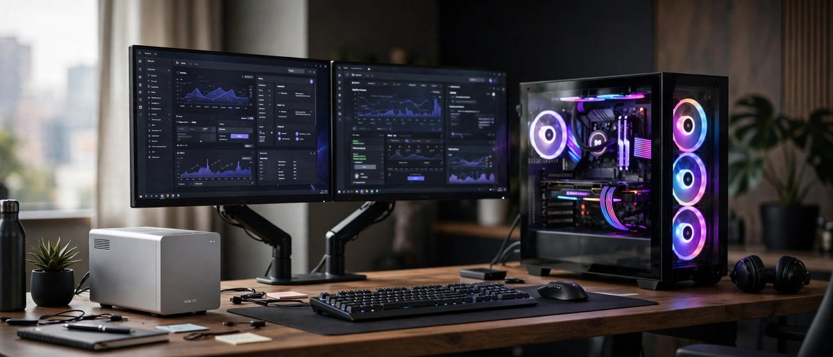 Desktop tower with RGB lighting, a mini PC, and dual monitors on a desk