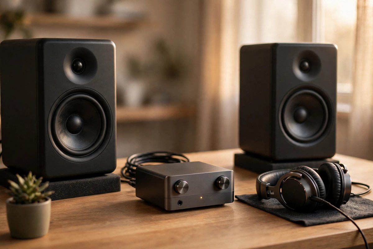 Desktop audio setup with studio monitors, DAC and headphones