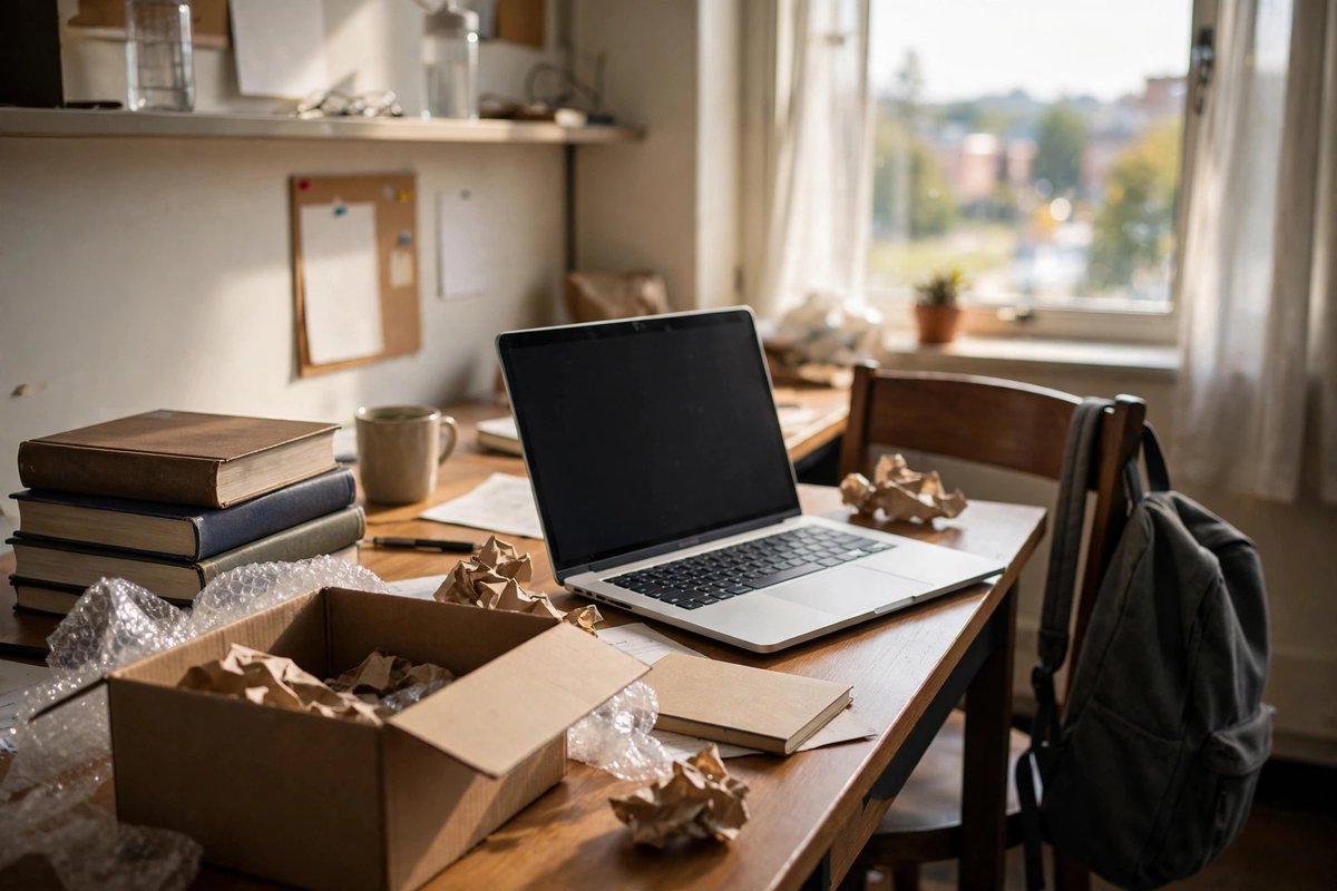 College dorm desk with delivery box