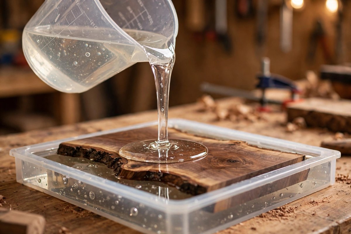 Liquid Glass deep pour epoxy being poured into a live-edge mold