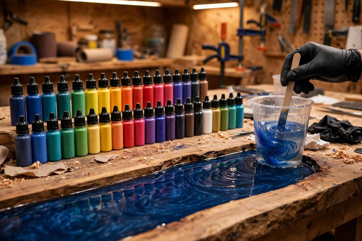Mica powder bottles beside a deep blue river table pour