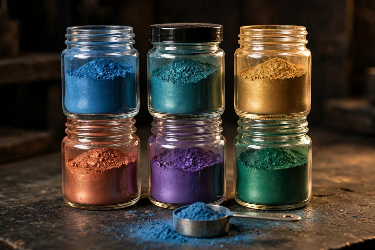 Mica powder pigment jars in river-table colors