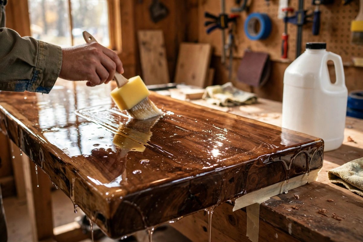 Superclear tabletop epoxy flood coat being spread on a bar top