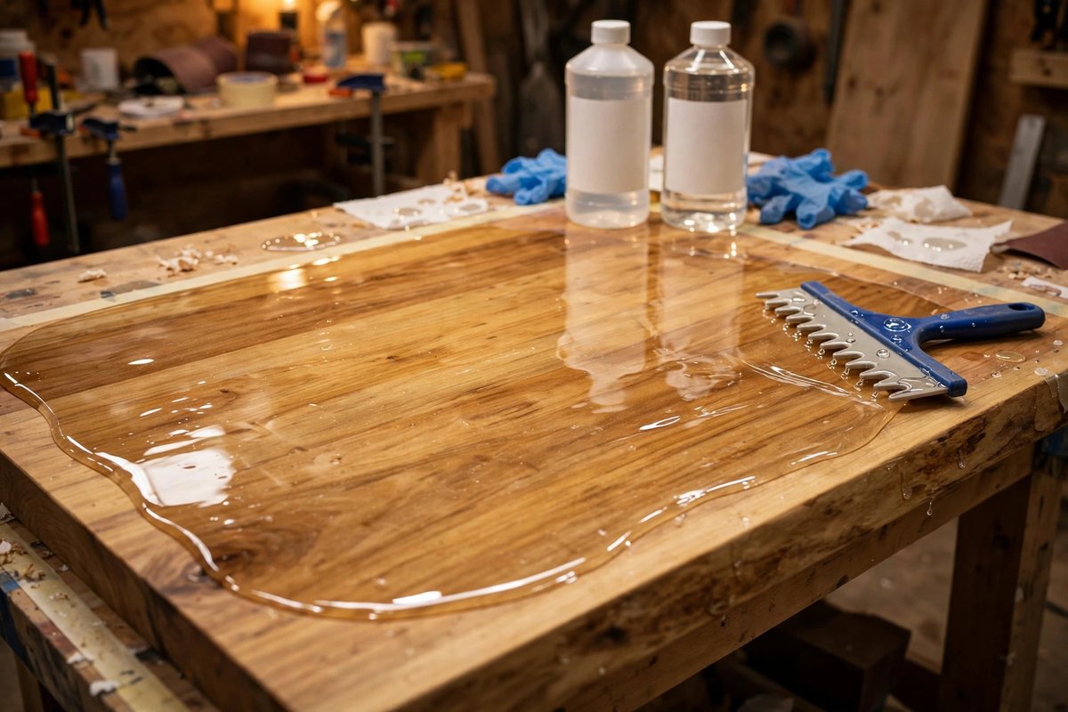 TotalBoat table top epoxy self-leveling over a wooden tabletop