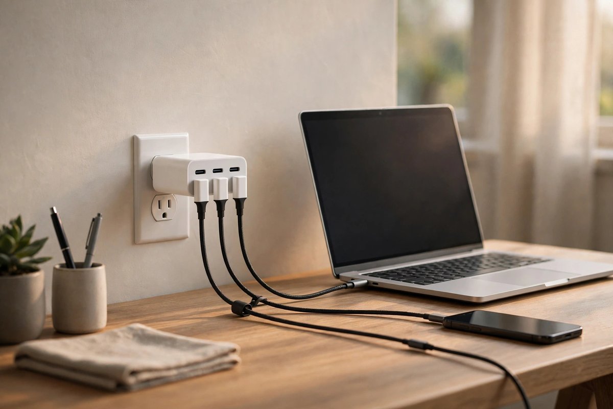 USB-C charger connected to a laptop and phone