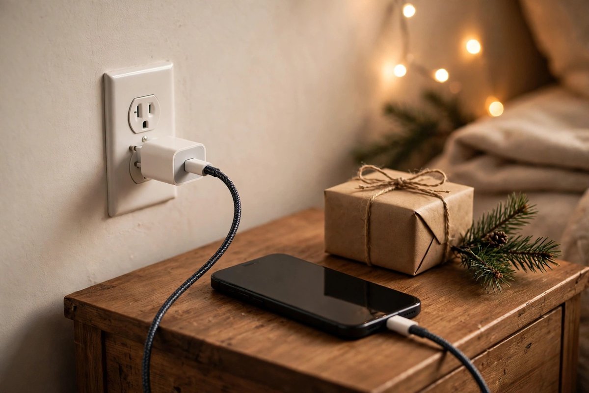 Anker Nano 30W USB-C charger charging a phone beside a wrapped gift