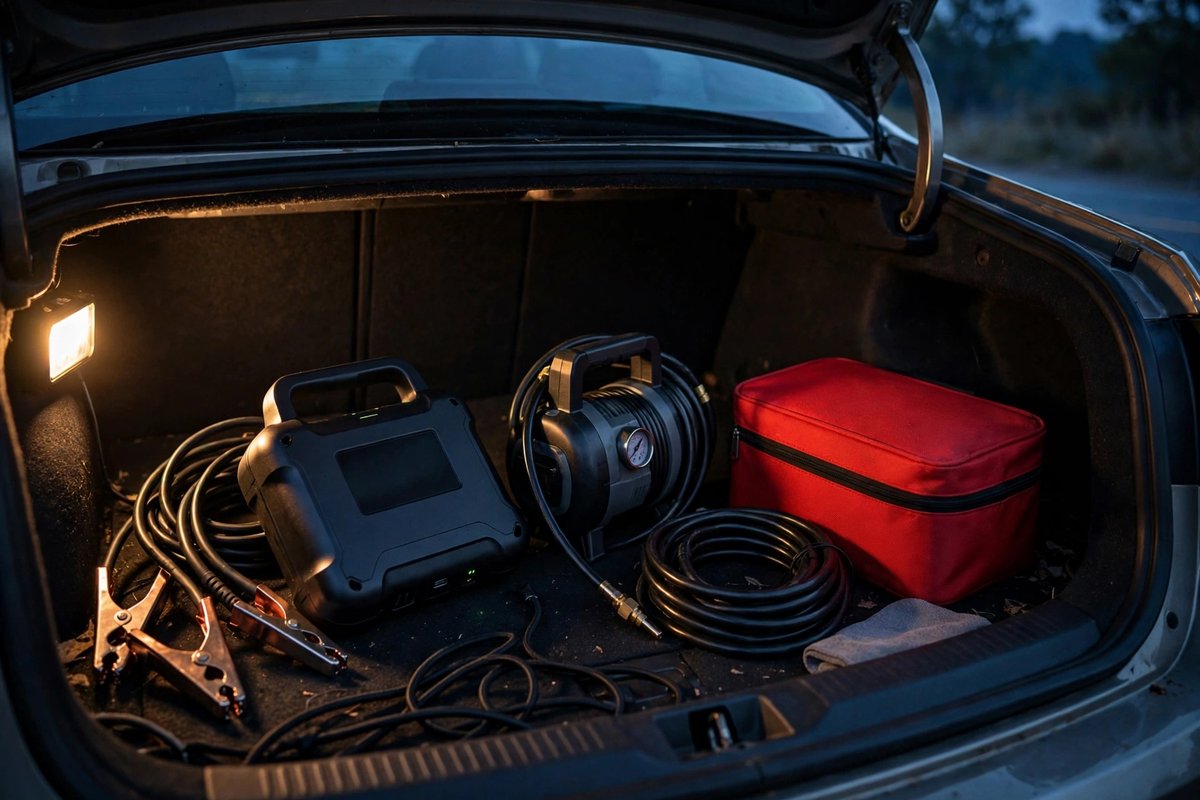 Roadside emergency gear in a car trunk
