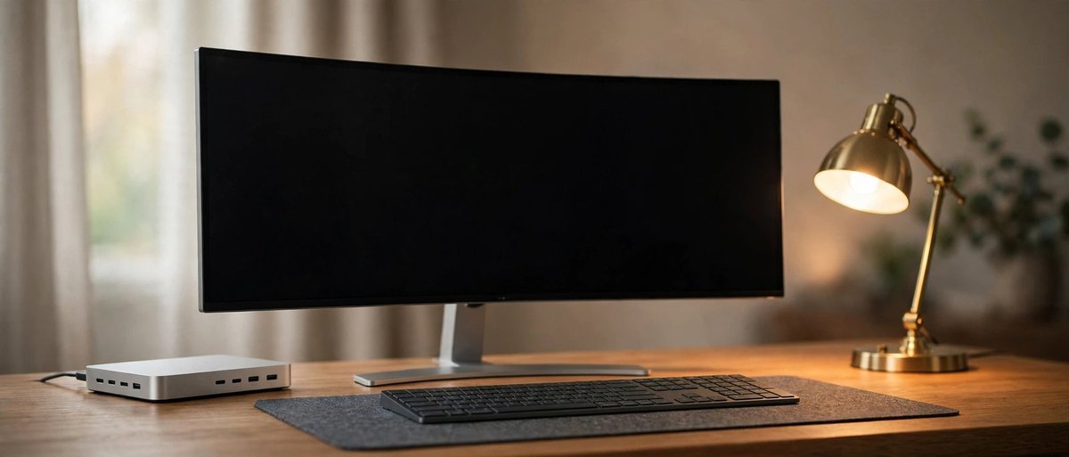 Premium desk setup with ultrawide monitor and docking station