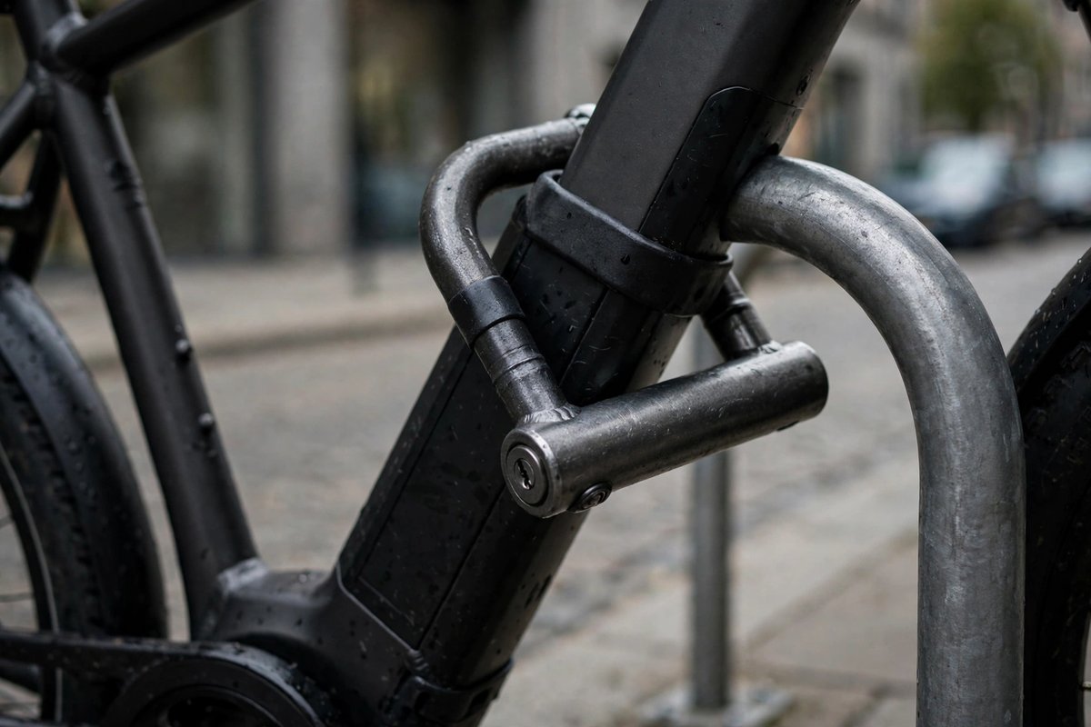 Heavy-duty U-lock securing an e-bike frame to a rack