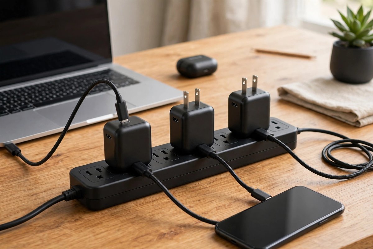 GaN wall chargers charging a laptop and phone