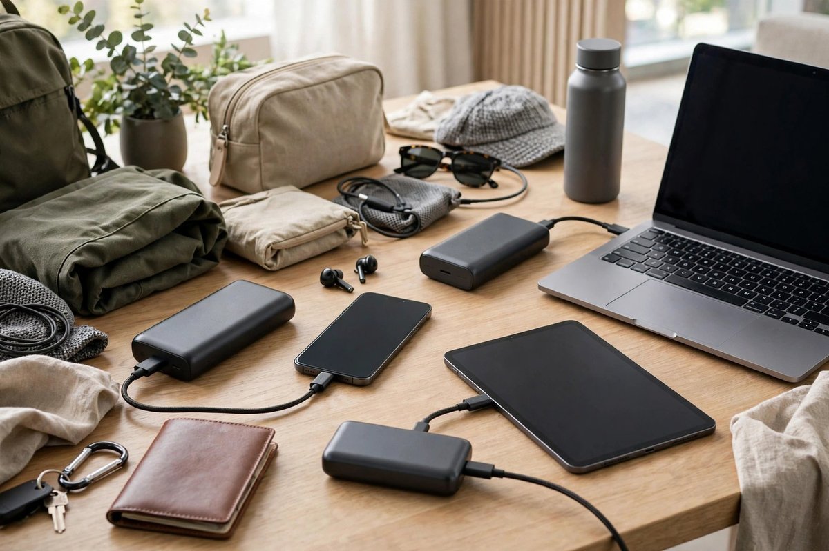 Portable power banks charging a phone, tablet and laptop