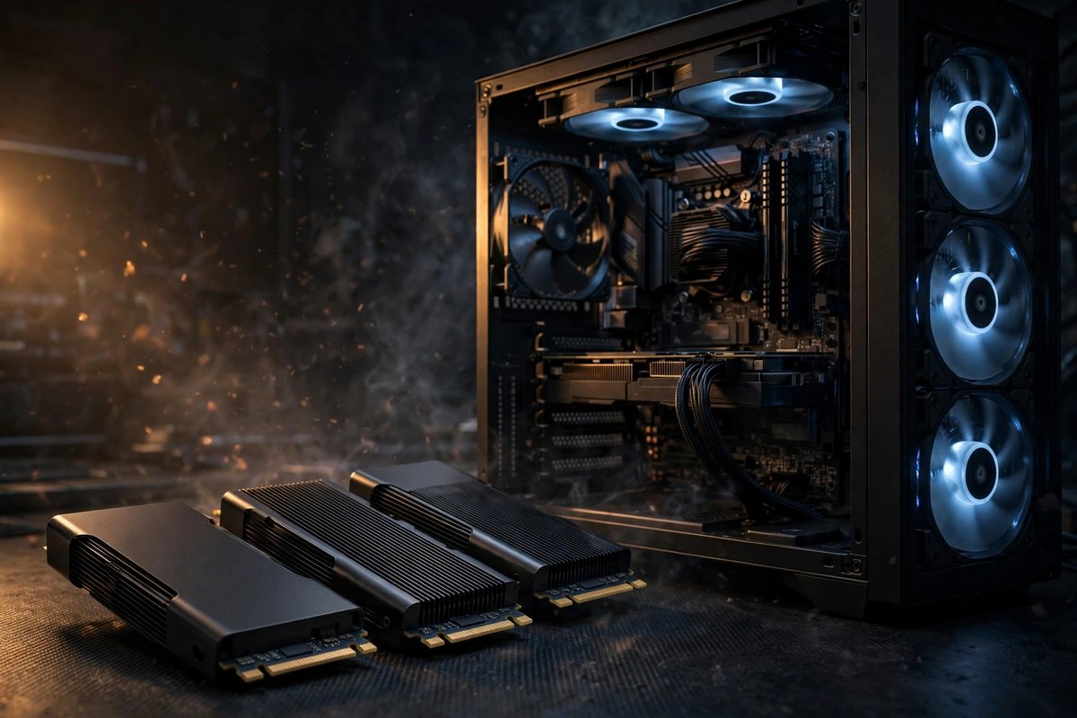 NVMe solid-state drives beside a gaming PC