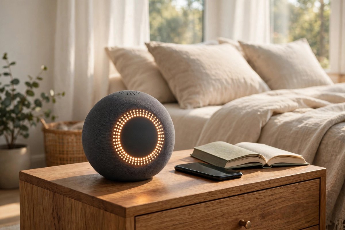 Echo Dot with clock on a nightstand