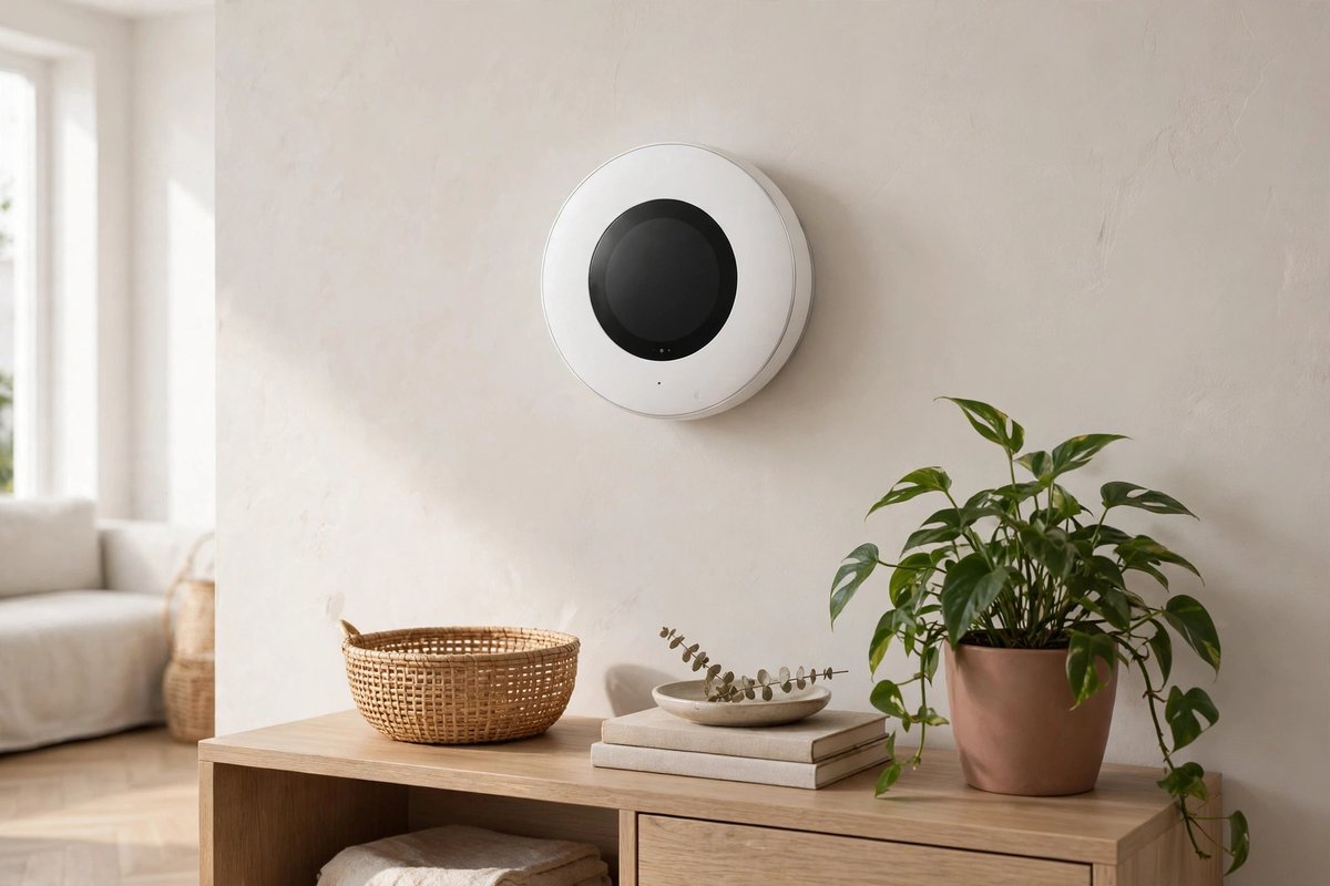 Google Nest Thermostat on a living-room wall