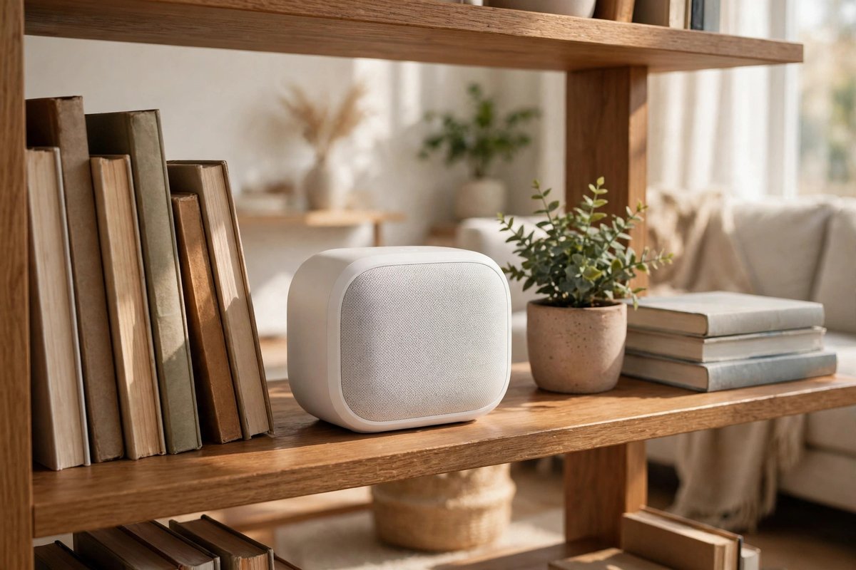 Sonos Era 100 speaker on a bookshelf