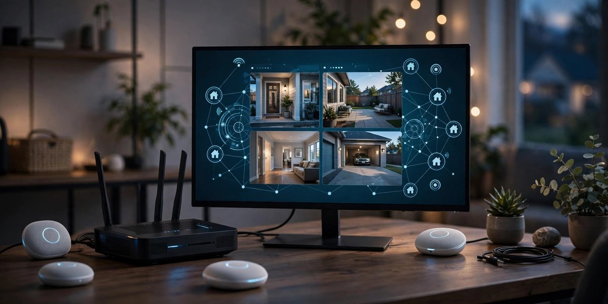 Connected home with Wi-Fi router, security cameras and smart lock