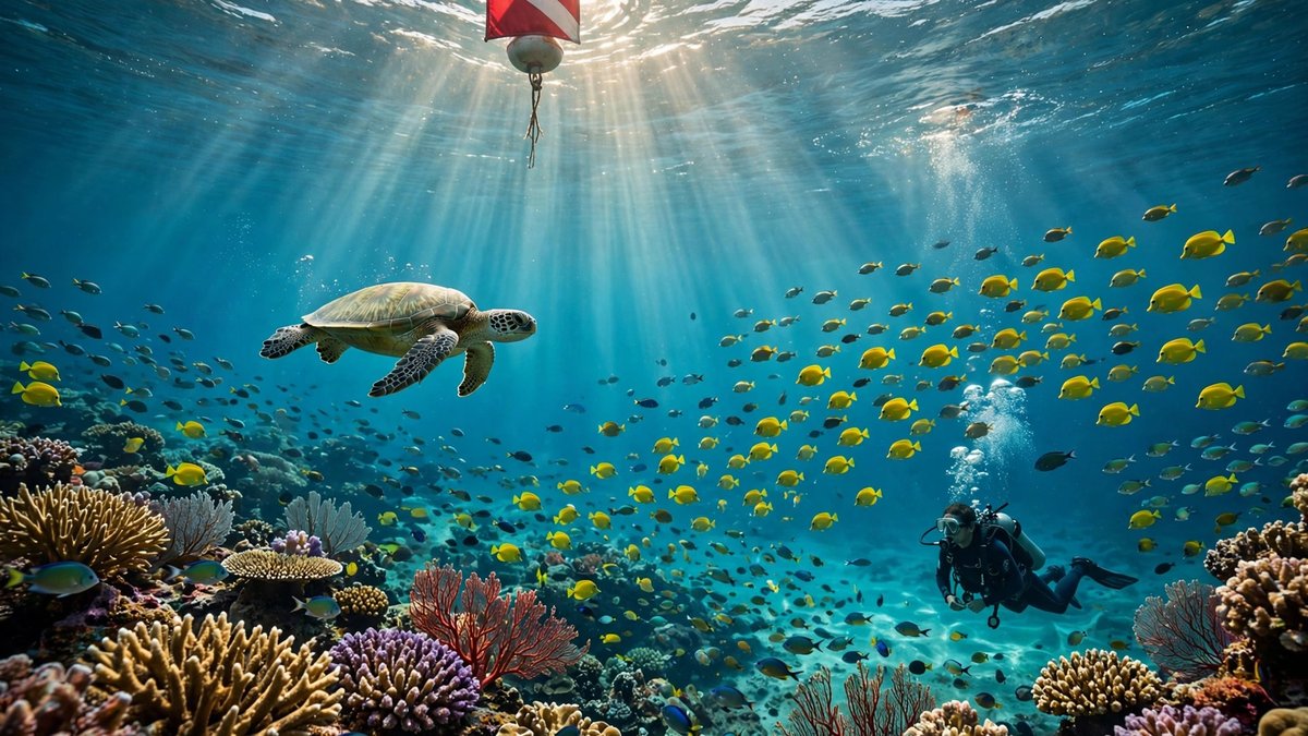 Scuba diver exploring a coral reef with a sea turtle, tropical fish, and a diver-down flag above